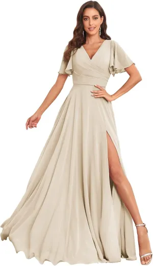 Women's V Neck Bridesmaid Dresses for Wedding with Sleeves Long Chiffon Formal Evening Gown with Pockets