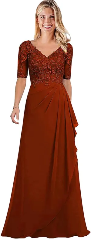 Women's V-Neck Chiffon Mother of The Bride Dresses Lace Long Ruffle Prom Dress with Half Sleeve Formal Evening Party Gowns