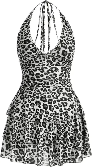 Women's Y2K Leopard Print Halter Dress Sexy Ruched Tie Backless Tiered Layer Mini Dresses Cheetah Mesh Ruffle Dress