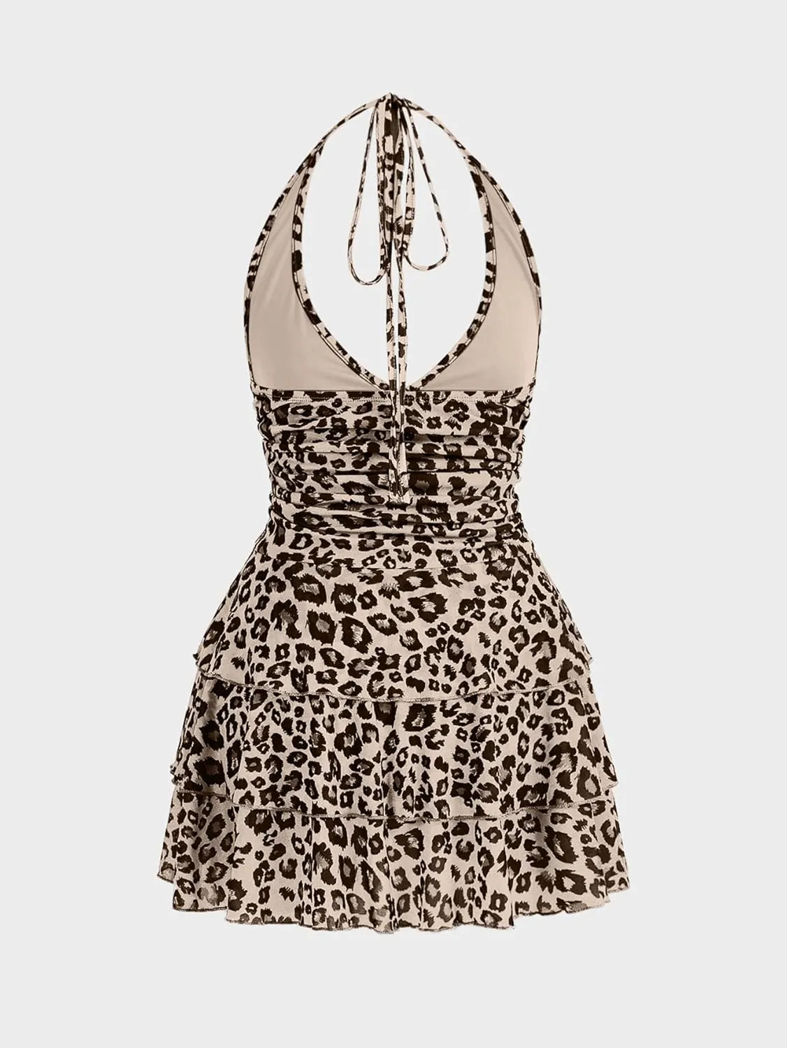 Women's Y2K Leopard Print Halter Dress Sexy Ruched Tie Backless Tiered Layer Mini Dresses Cheetah Mesh Ruffle Dress