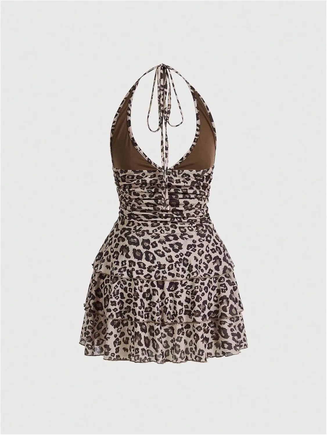 Women's Y2K Leopard Print Halter Dress Sexy Ruched Tie Backless Tiered Layer Mini Dresses Cheetah Mesh Ruffle Dress