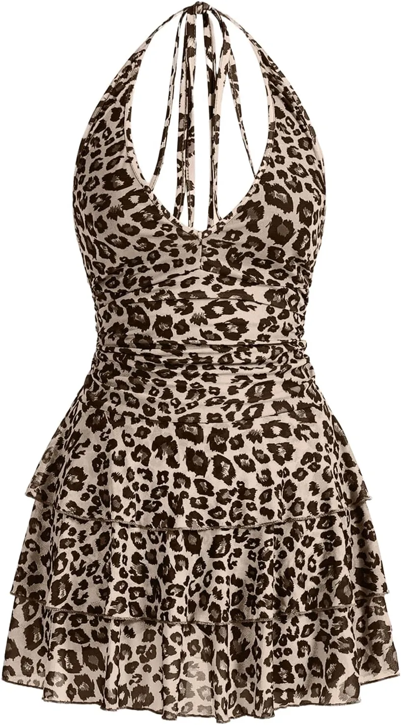 Women's Y2K Leopard Print Halter Dress Sexy Ruched Tie Backless Tiered Layer Mini Dresses Cheetah Mesh Ruffle Dress