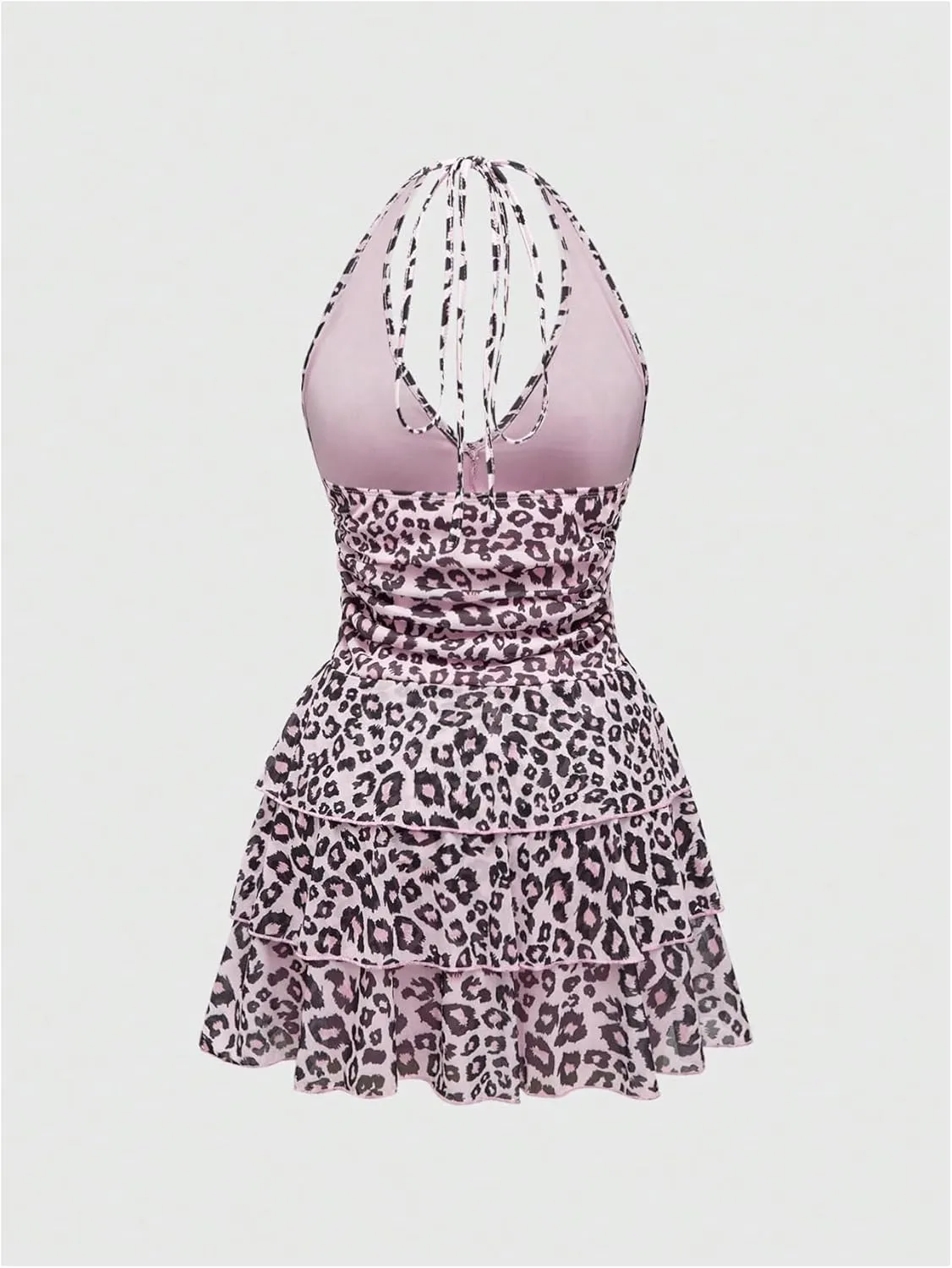 Women's Y2K Leopard Print Halter Dress Sexy Ruched Tie Backless Tiered Layer Mini Dresses Cheetah Mesh Ruffle Dress