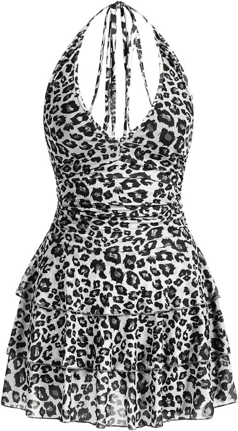 Women's Y2K Leopard Print Halter Dress Sexy Ruched Tie Backless Tiered Layer Mini Dresses Cheetah Mesh Ruffle Dress