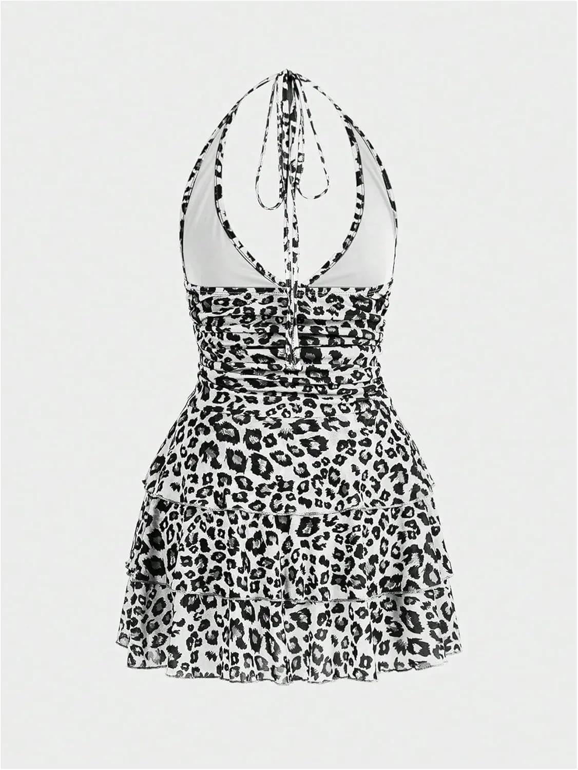 Women's Y2K Leopard Print Halter Dress Sexy Ruched Tie Backless Tiered Layer Mini Dresses Cheetah Mesh Ruffle Dress
