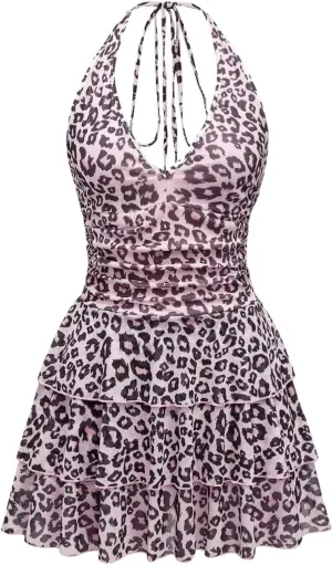 Women's Y2K Leopard Print Halter Dress Sexy Ruched Tie Backless Tiered Layer Mini Dresses Cheetah Mesh Ruffle Dress