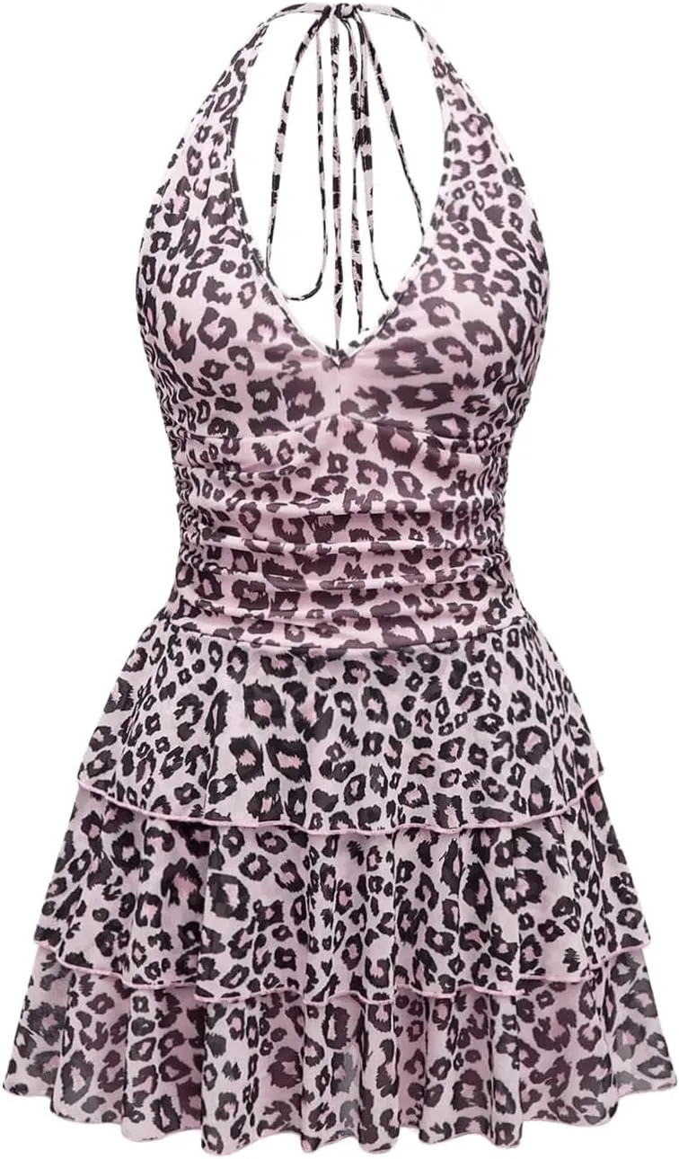 Women's Y2K Leopard Print Halter Dress Sexy Ruched Tie Backless Tiered Layer Mini Dresses Cheetah Mesh Ruffle Dress