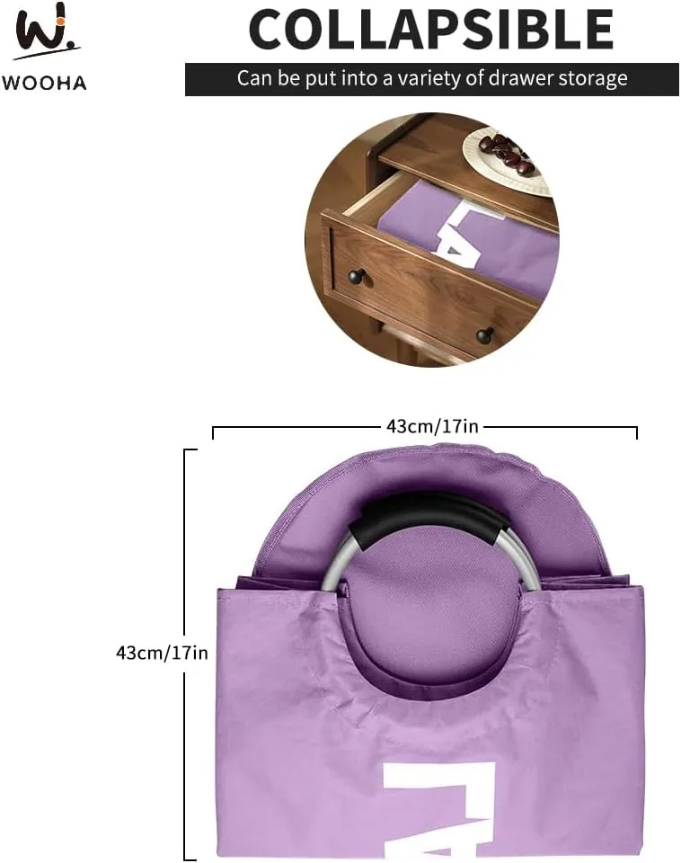 WOOHA Laundry Basket, Laundry Hamper,Collapsible Folding Clothes Hamper, Waterproof Easy Carry with Foam Protected Aluminum Handles,laundry bag,95L,Purple