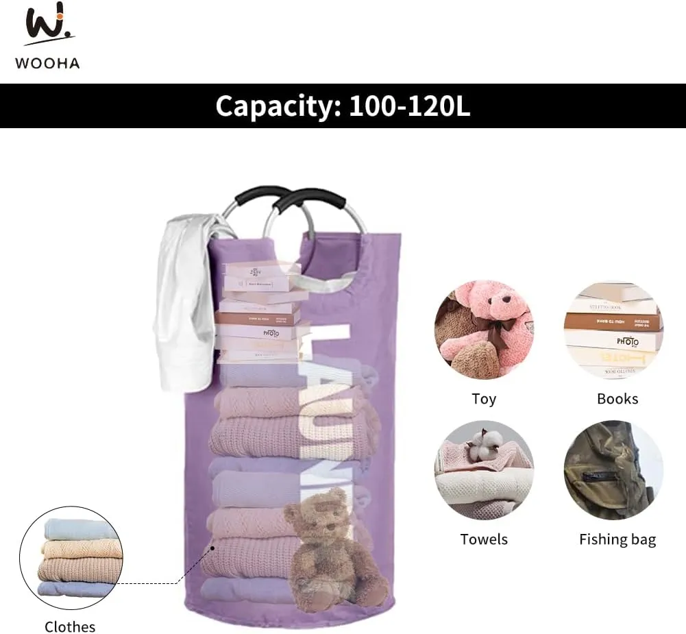 WOOHA Laundry Basket, Laundry Hamper,Collapsible Folding Clothes Hamper, Waterproof Easy Carry with Foam Protected Aluminum Handles,laundry bag,95L,Purple