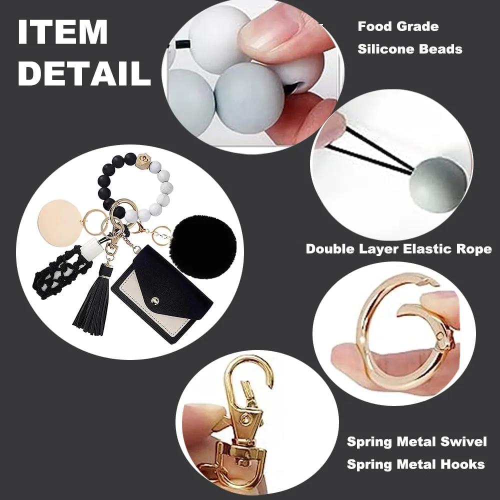 Wristlet Keychain Bracelet With Wallet Card Holder, Silicone Beaded Key Rings Bangle Wrist Keychain Set for Women