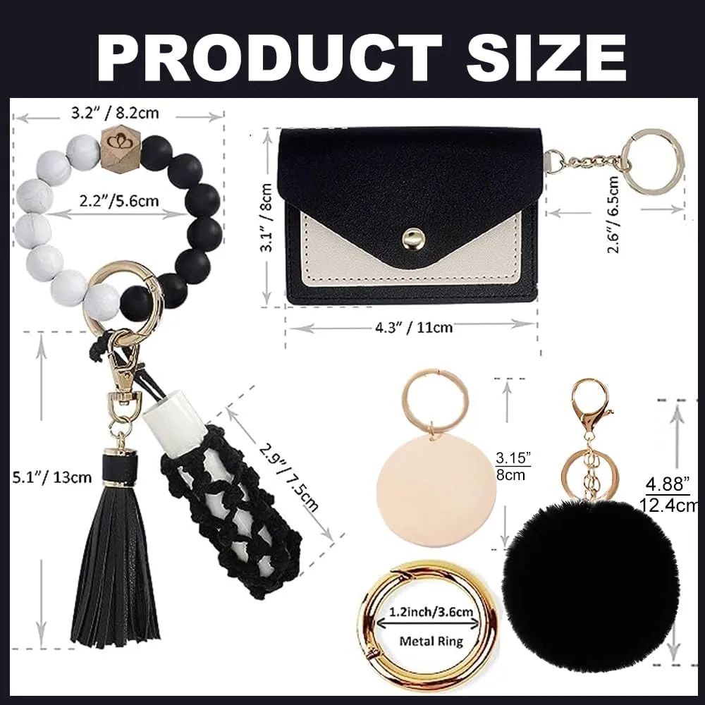 Wristlet Keychain Bracelet With Wallet Card Holder, Silicone Beaded Key Rings Bangle Wrist Keychain Set for Women