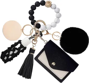 Wristlet Keychain Bracelet With Wallet Card Holder, Silicone Beaded Key Rings Bangle Wrist Keychain Set for Women