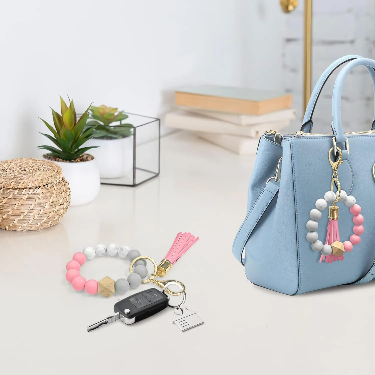 Wristlet Keychains for Women, Silicone Bead Key Ring Bracelet with Tassel, Portable House Car Keyring Bangle