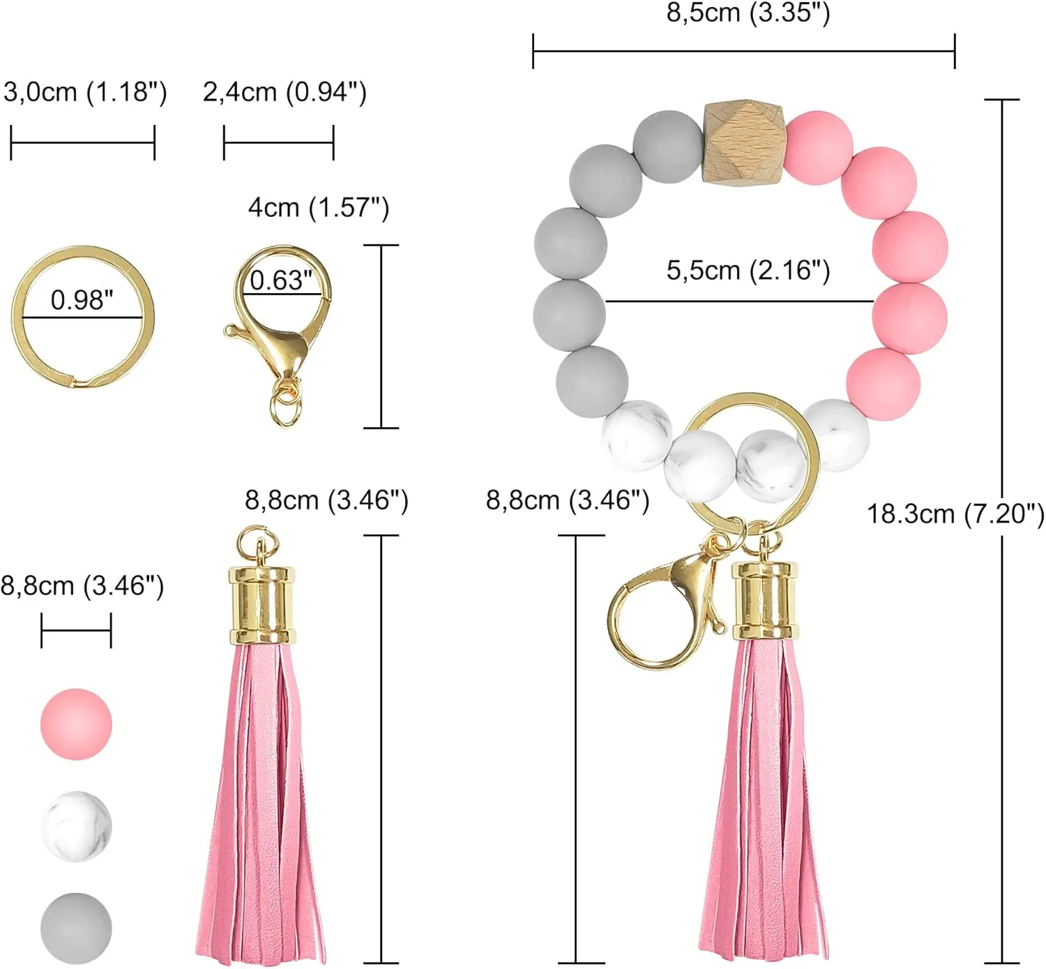 Wristlet Keychains for Women, Silicone Bead Key Ring Bracelet with Tassel, Portable House Car Keyring Bangle