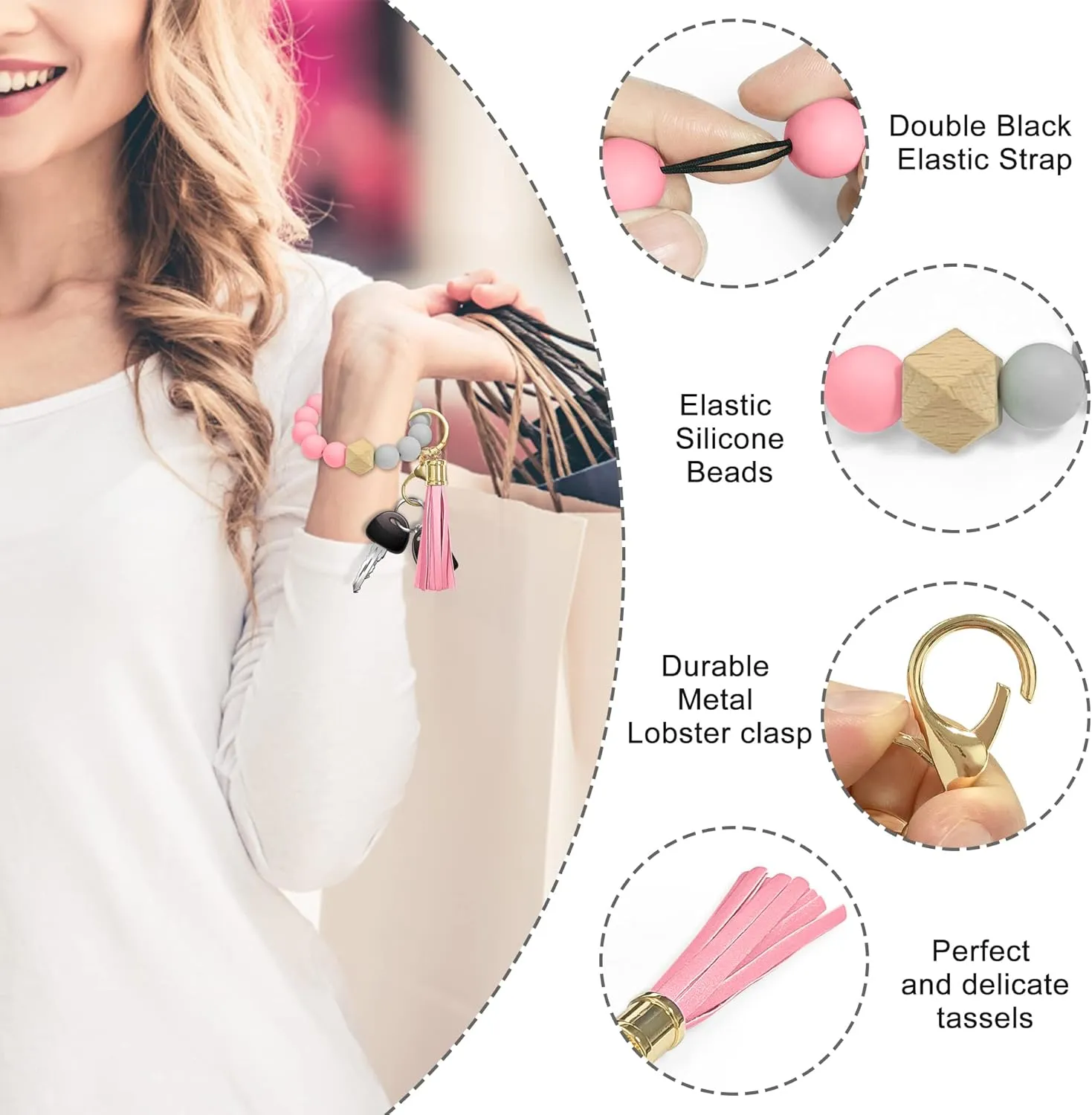 Wristlet Keychains for Women, Silicone Bead Key Ring Bracelet with Tassel, Portable House Car Keyring Bangle