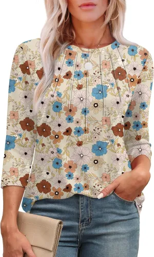 XIEERDUO 3/4 Length Sleeve Womens Tops Round Neck Casual Tunic Tops Basic Pleated Shirts Loose Fit 2025