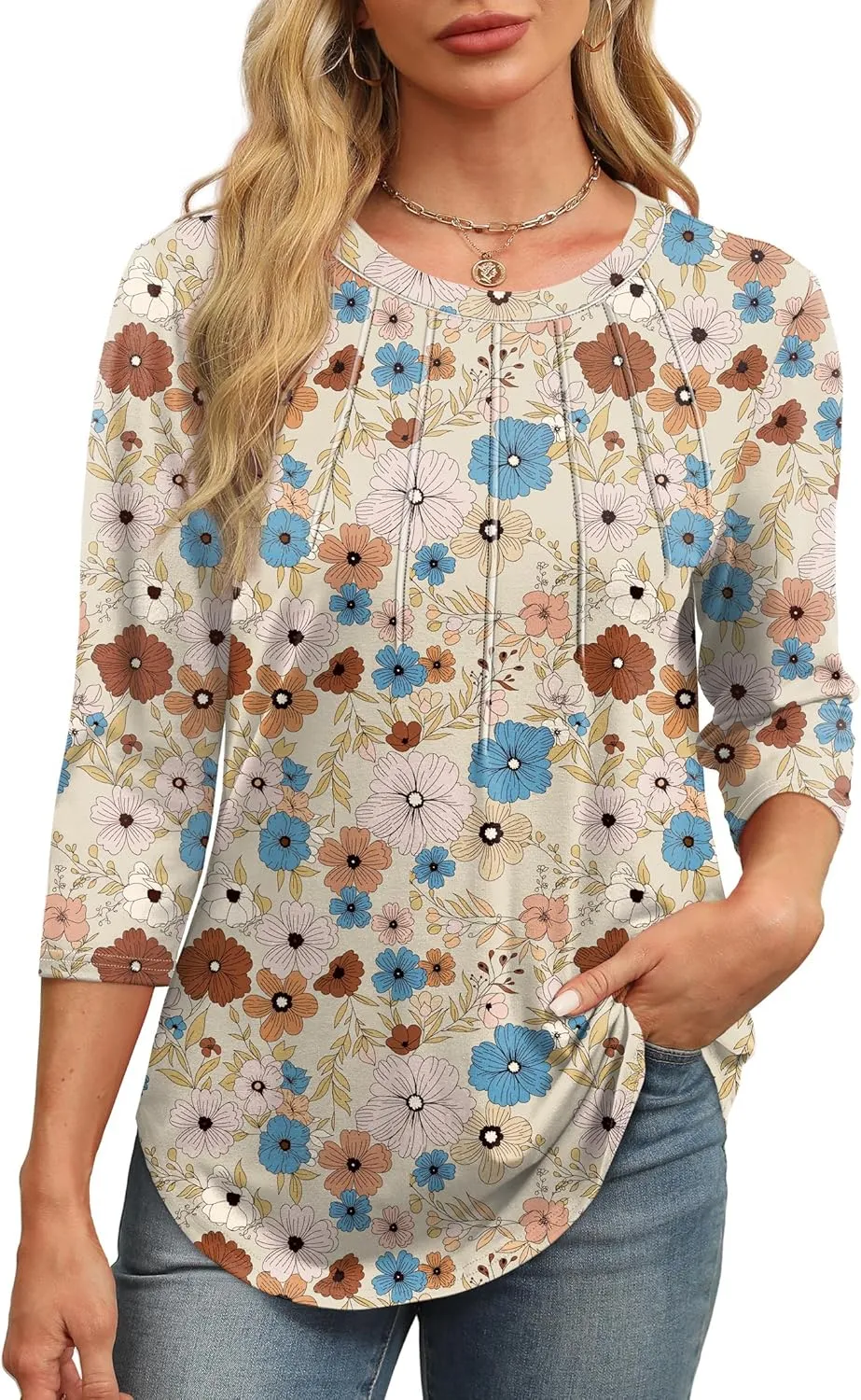 XIEERDUO 3/4 Length Sleeve Womens Tops Round Neck Casual Tunic Tops Basic Pleated Shirts Loose Fit 2025