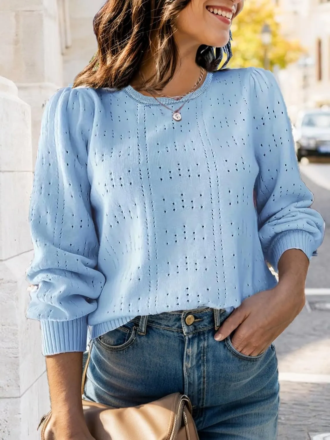 XINWEZZ Womens Sweaters Fall 2024 Casual Puff Long Sleeve Square Neck Cozy Knitted Pullover Sweater Tops Trendy Outfits