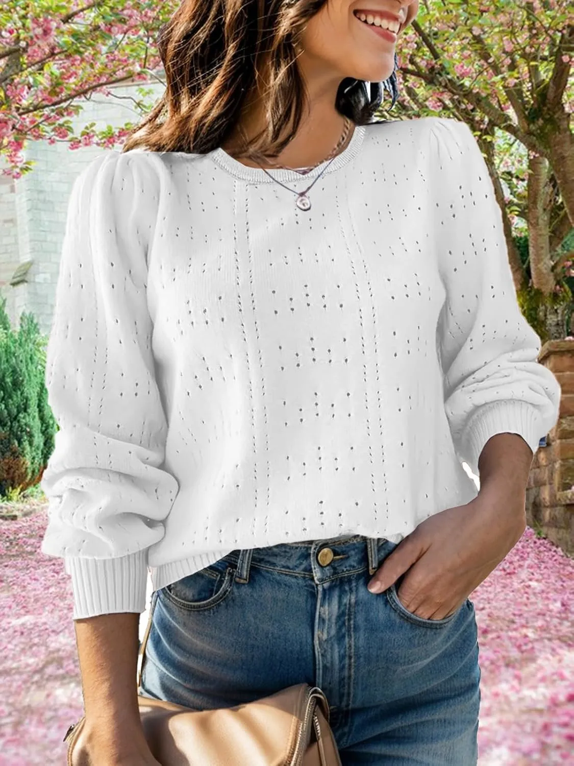 XINWEZZ Womens Sweaters Fall 2024 Casual Puff Long Sleeve Square Neck Cozy Knitted Pullover Sweater Tops Trendy Outfits