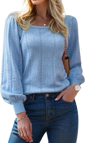 XINWEZZ Womens Sweaters Fall 2024 Casual Puff Long Sleeve Square Neck Cozy Knitted Pullover Sweater Tops Trendy Outfits