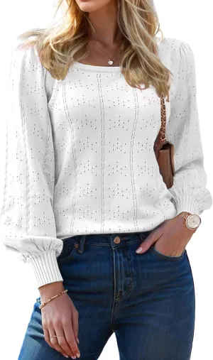 XINWEZZ Womens Sweaters Fall 2024 Casual Puff Long Sleeve Square Neck Cozy Knitted Pullover Sweater Tops Trendy Outfits