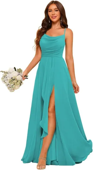 YMSHA A Line Long Chiffon Bridesmaid Dresses with Slit Spaghetti Straps Formal Party Dress YMS370