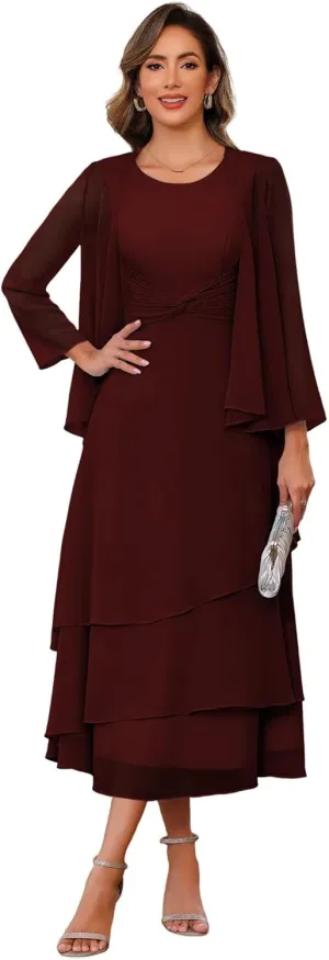 YOFF Women's 2 Piece Mother of The Bride Dresses with Jacket 2025 Crew Neck Chiffon Maxi Formal Evening Gown YO165