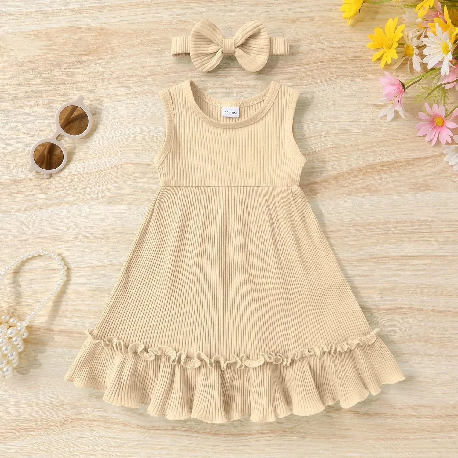 YOUNGER TREE Toddler Girl Summer Sundress Sleeveless Casual Dress Ruffle Hem Cotton Solid Outfits with Bowknot