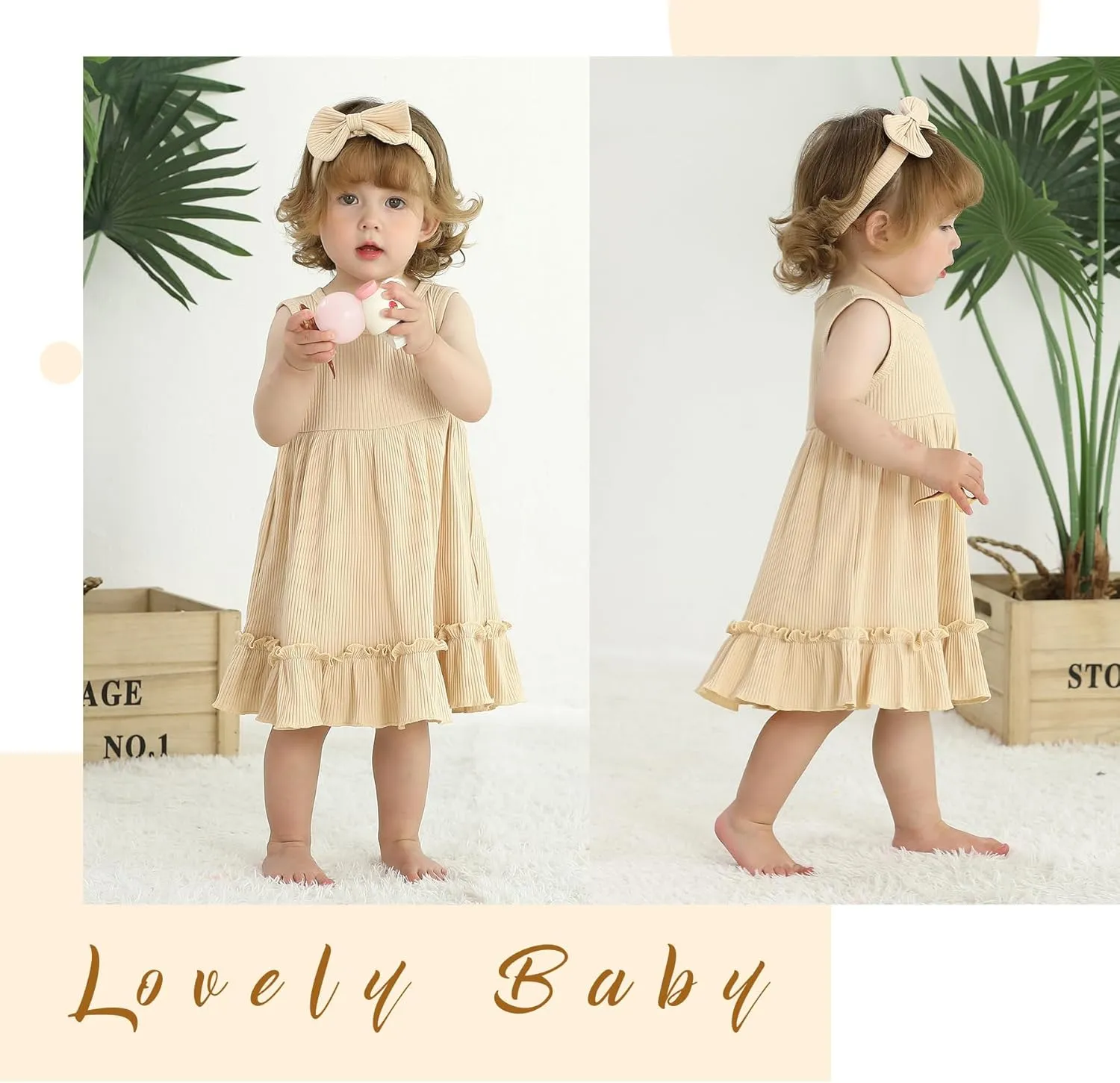 YOUNGER TREE Toddler Girl Summer Sundress Sleeveless Casual Dress Ruffle Hem Cotton Solid Outfits with Bowknot