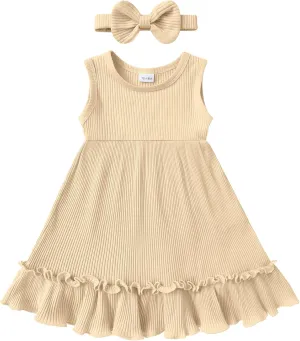 YOUNGER TREE Toddler Girl Summer Sundress Sleeveless Casual Dress Ruffle Hem Cotton Solid Outfits with Bowknot