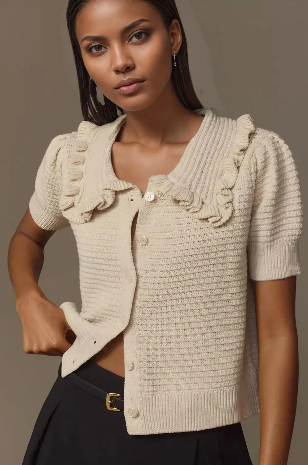 Ythomm Womens Summer Sweaters Ruffle Collared Lantern Short Sleeve Crochet Knit Sweater Tops Cute Button Open Front Cardigans