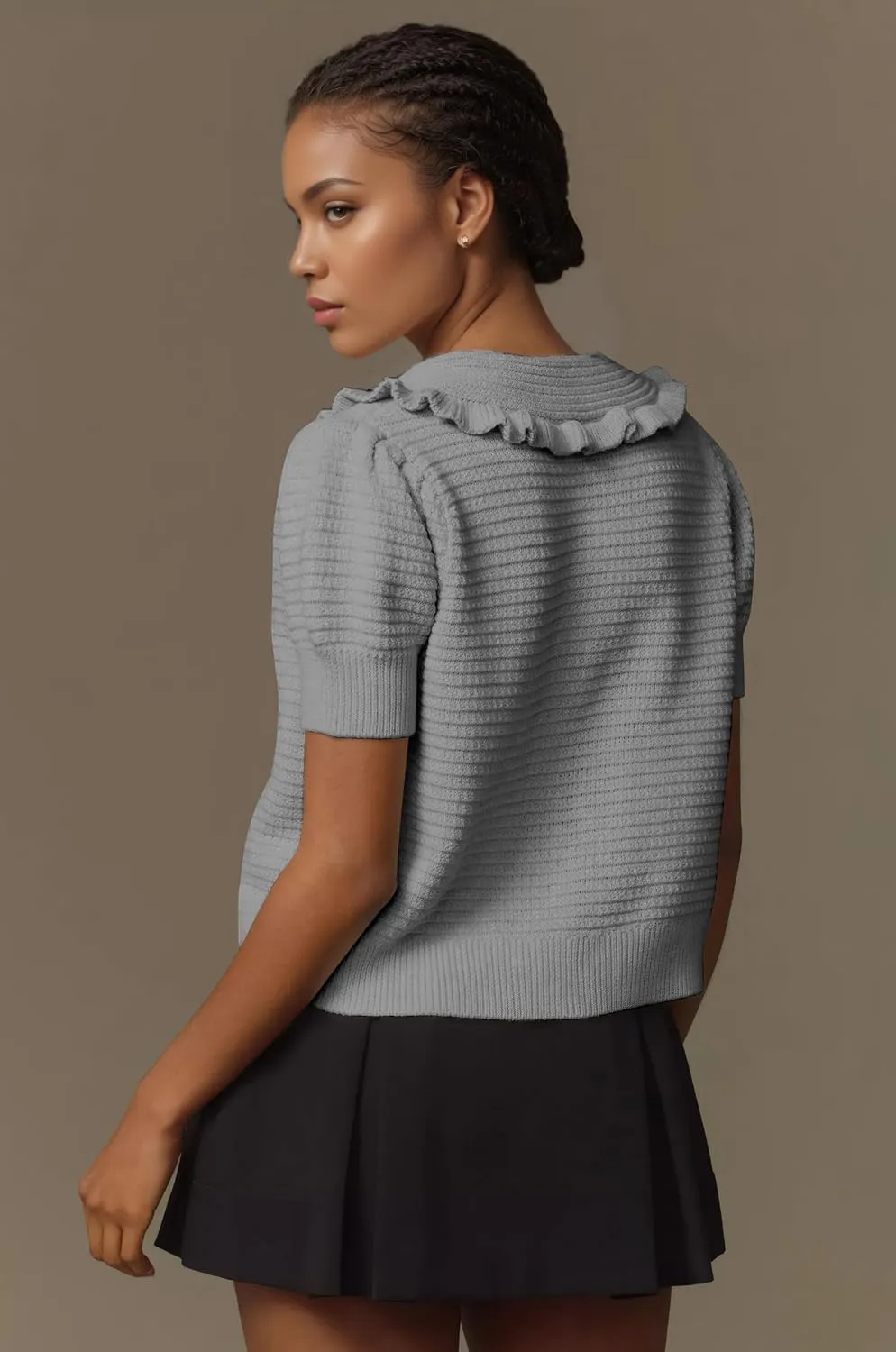 Ythomm Womens Summer Sweaters Ruffle Collared Lantern Short Sleeve Crochet Knit Sweater Tops Cute Button Open Front Cardigans