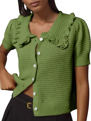 Ythomm Womens Summer Sweaters Ruffle Collared Lantern Short Sleeve Crochet Knit Sweater Tops Cute Button Open Front Cardigans
