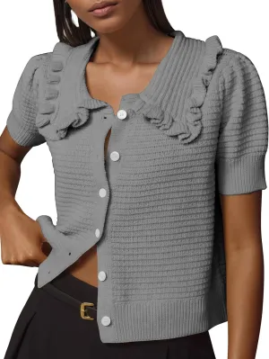 Ythomm Womens Summer Sweaters Ruffle Collared Lantern Short Sleeve Crochet Knit Sweater Tops Cute Button Open Front Cardigans