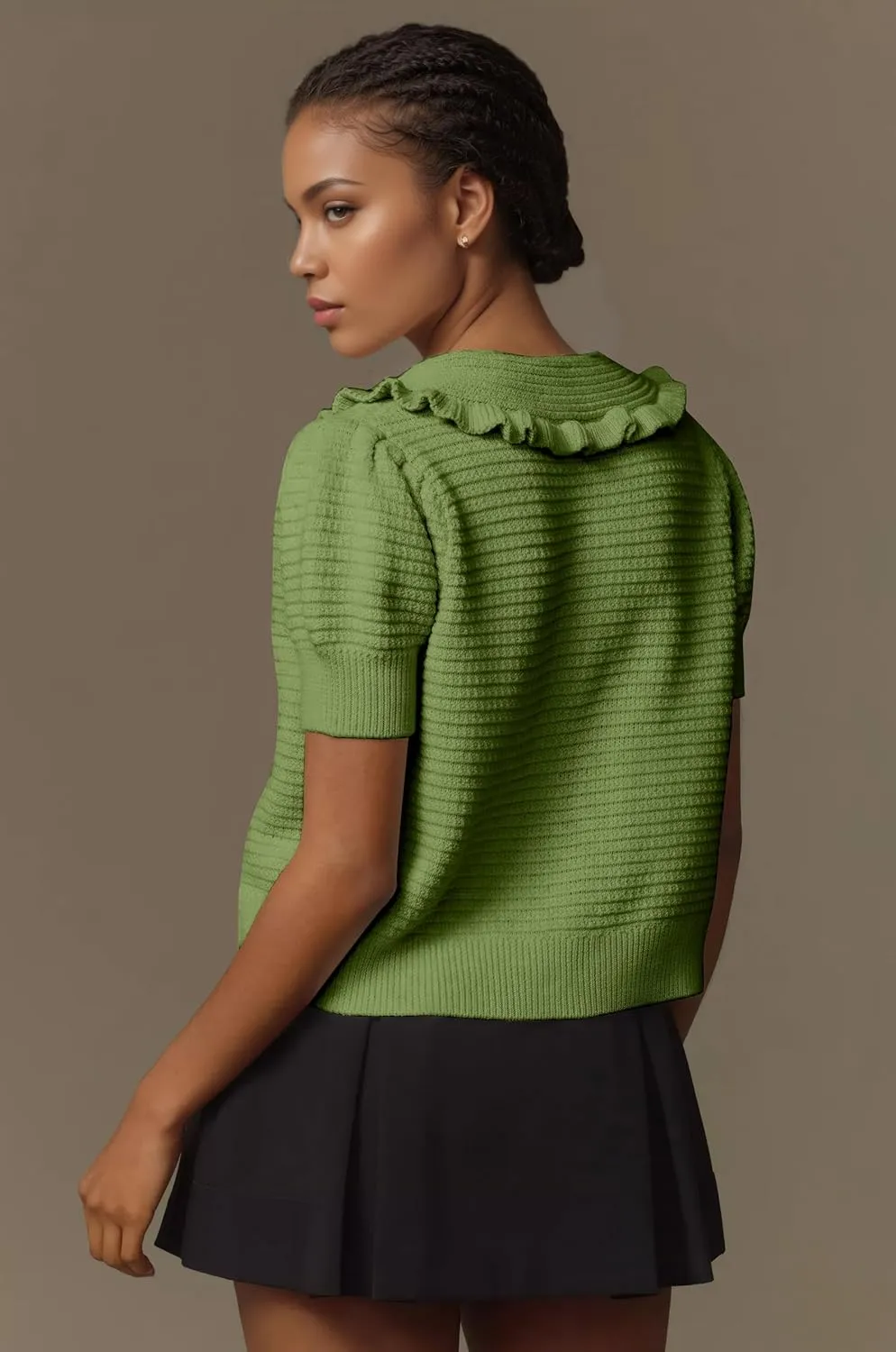 Ythomm Womens Summer Sweaters Ruffle Collared Lantern Short Sleeve Crochet Knit Sweater Tops Cute Button Open Front Cardigans
