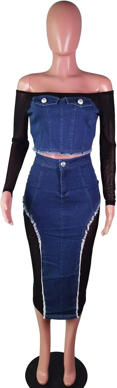 Yuopeid Women's Sexy Denim 2 Piece Outfit Sheer Mesh Patchwork Long Sleeve Top and High Waisted Split Maxi Skirt