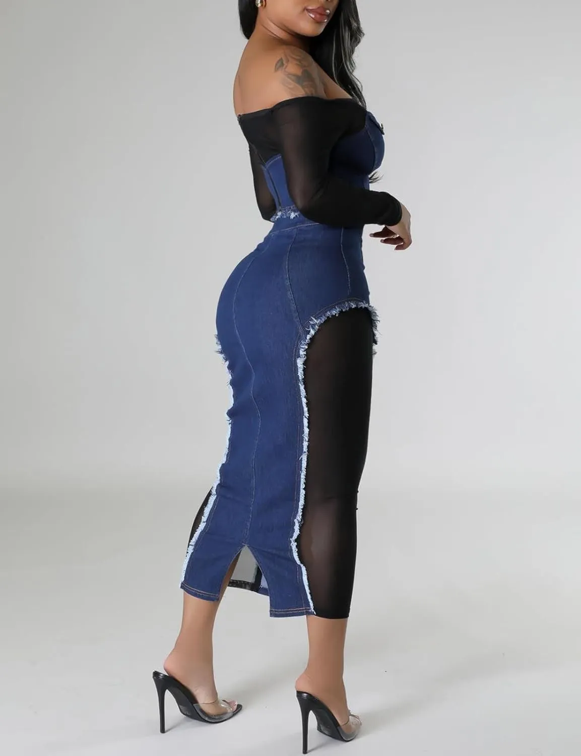 Yuopeid Women's Sexy Denim 2 Piece Outfit Sheer Mesh Patchwork Long Sleeve Top and High Waisted Split Maxi Skirt