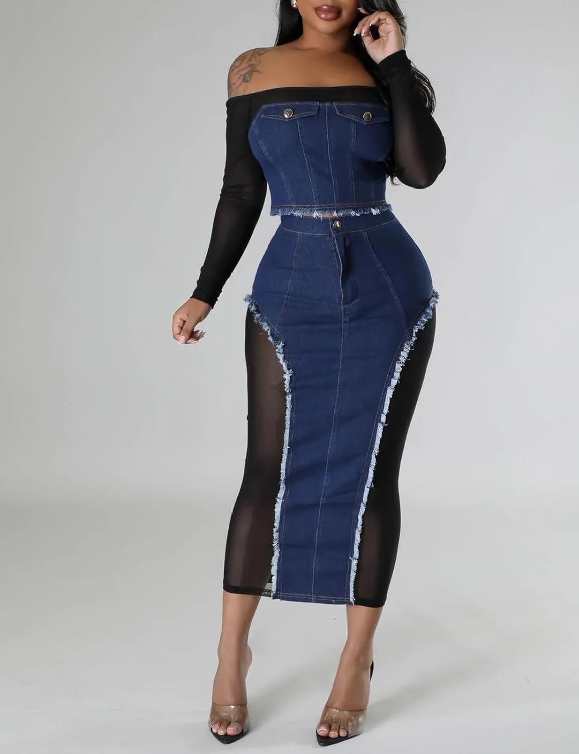 Yuopeid Women's Sexy Denim 2 Piece Outfit Sheer Mesh Patchwork Long Sleeve Top and High Waisted Split Maxi Skirt