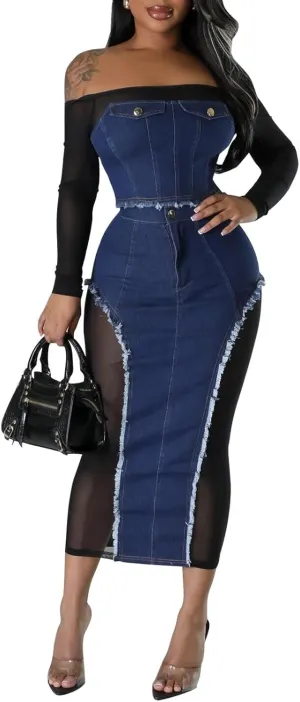 Yuopeid Women's Sexy Denim 2 Piece Outfit Sheer Mesh Patchwork Long Sleeve Top and High Waisted Split Maxi Skirt