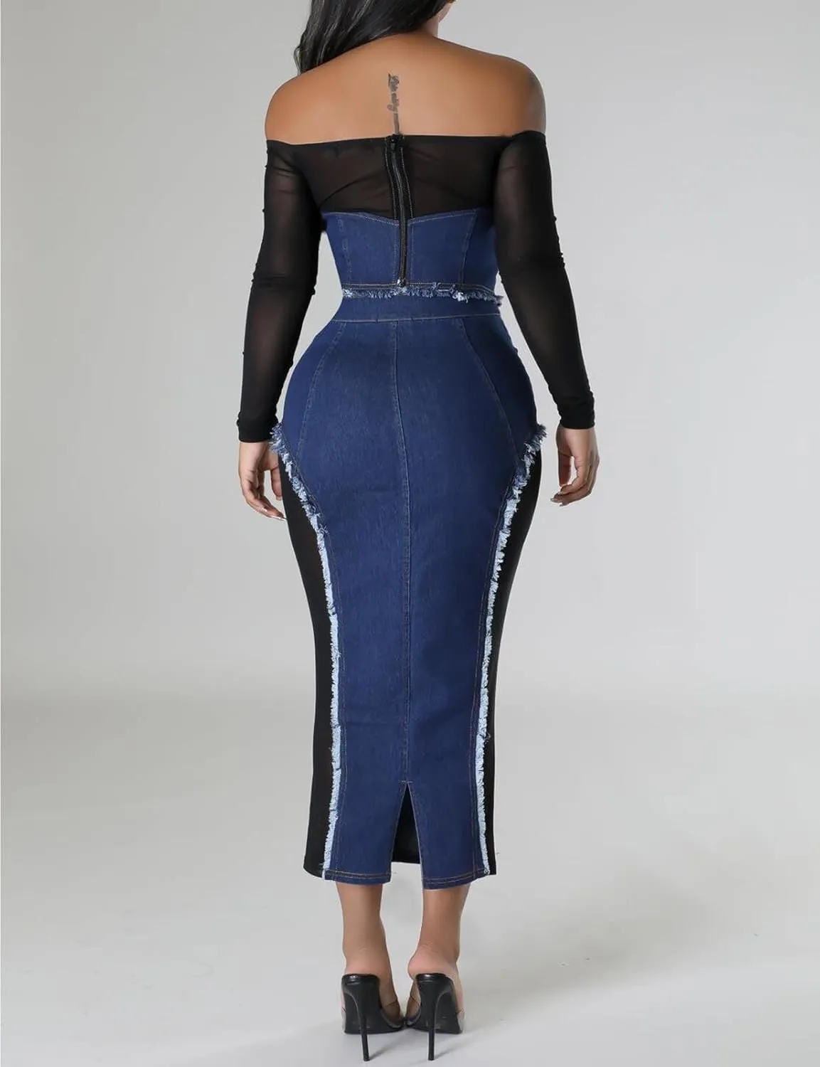 Yuopeid Women's Sexy Denim 2 Piece Outfit Sheer Mesh Patchwork Long Sleeve Top and High Waisted Split Maxi Skirt