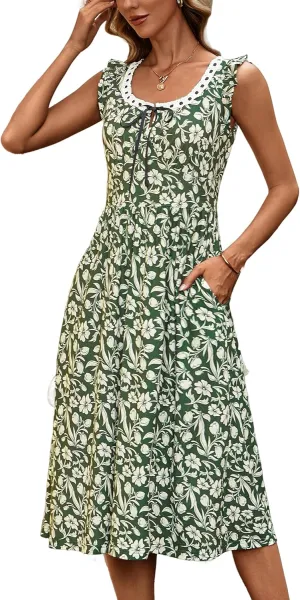 ZABERRY Womens Boho Sundresses Square Neck Flutter Sleeves Self Tie Front A Line Milkmaid Summer Midi Dress 2025 Vacation
