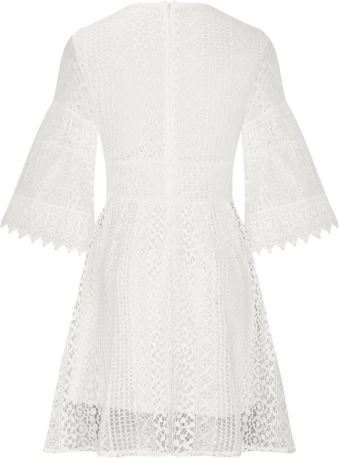 ZAJ Women's V Neck Floral Lace 3/4 Sleeve Short Dress Casual Ruffle High Waist Mini Beach Summer Cocktail Party Dress