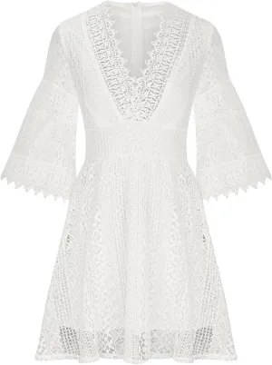 ZAJ Women's V Neck Floral Lace 3/4 Sleeve Short Dress Casual Ruffle High Waist Mini Beach Summer Cocktail Party Dress