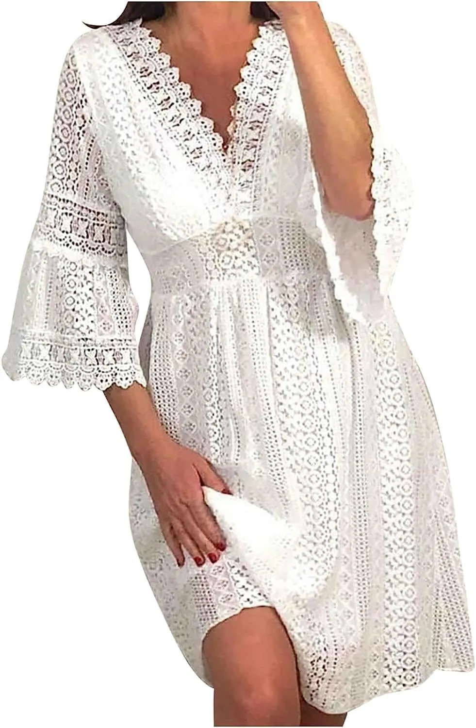 ZAJ Women's V Neck Floral Lace 3/4 Sleeve Short Dress Casual Ruffle High Waist Mini Beach Summer Cocktail Party Dress