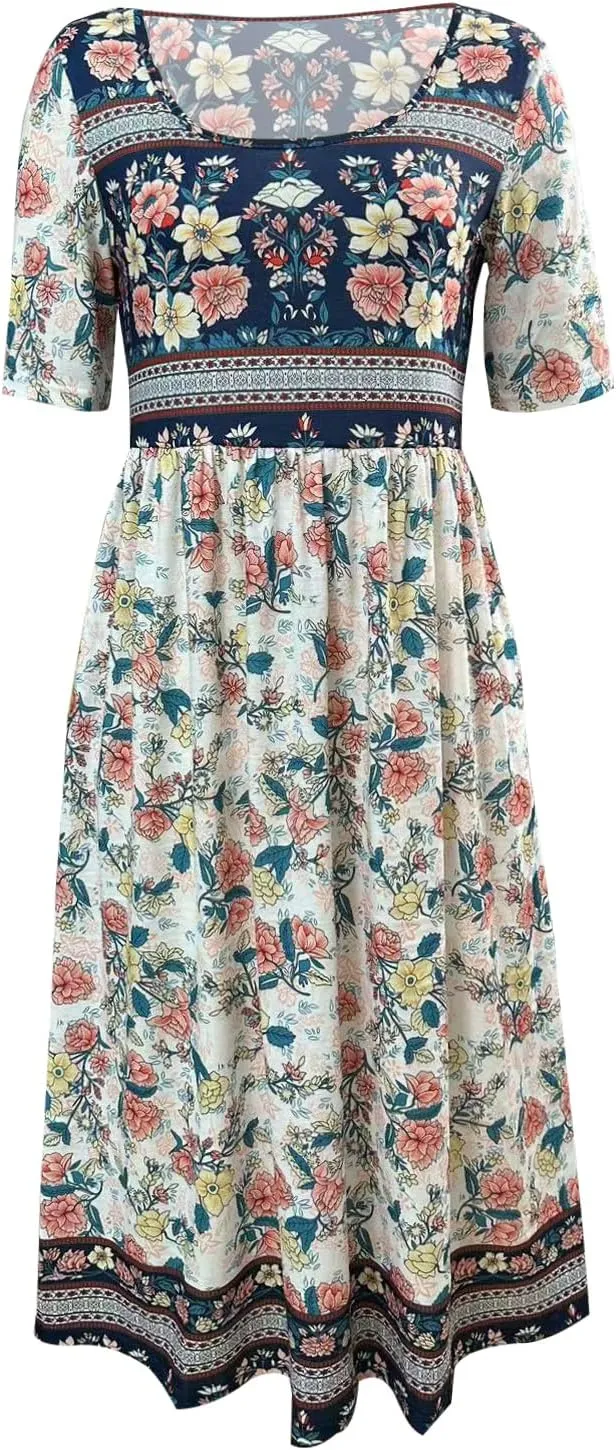ZOCAVIA Women's Boho Floral Printed Maxi Dress Plus Size Short Sleeve Crew Neck Casual Dress Flowy Long Dress with Pockets