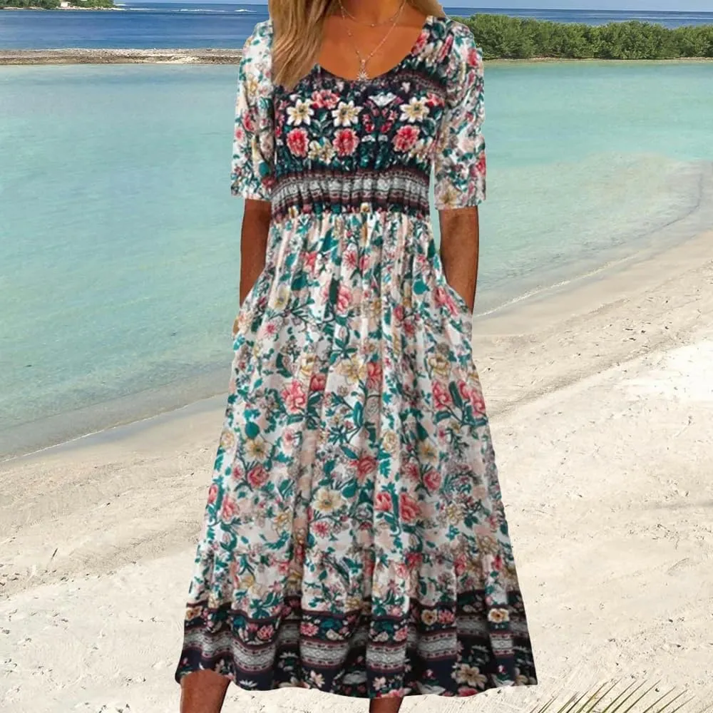 ZOCAVIA Women's Boho Floral Printed Maxi Dress Plus Size Short Sleeve Crew Neck Casual Dress Flowy Long Dress with Pockets