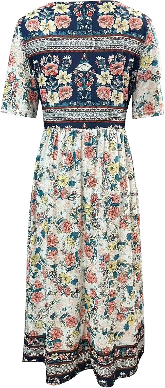ZOCAVIA Women's Boho Floral Printed Maxi Dress Plus Size Short Sleeve Crew Neck Casual Dress Flowy Long Dress with Pockets