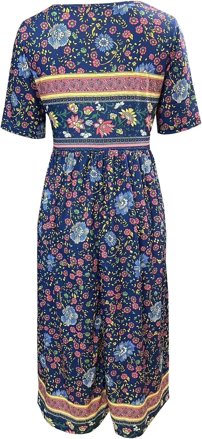 ZOCAVIA Women's Boho Floral Printed Maxi Dress Plus Size Short Sleeve Crew Neck Casual Dress Flowy Long Dress with Pockets