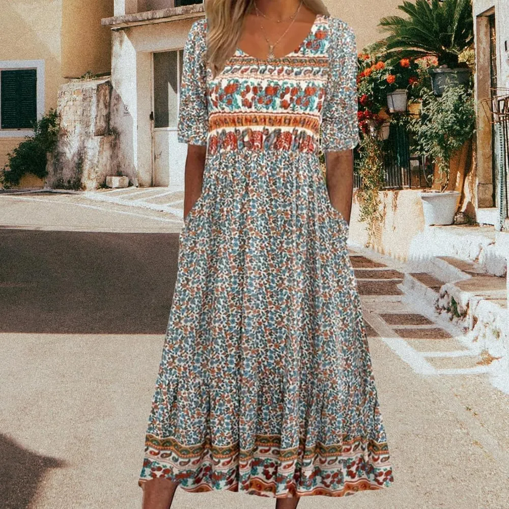 ZOCAVIA Women's Boho Floral Printed Maxi Dress Plus Size Short Sleeve Crew Neck Casual Dress Flowy Long Dress with Pockets