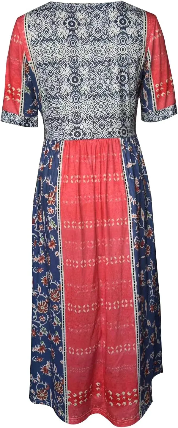 ZOCAVIA Women's Boho Floral Printed Maxi Dress Plus Size Short Sleeve Crew Neck Casual Dress Flowy Long Dress with Pockets